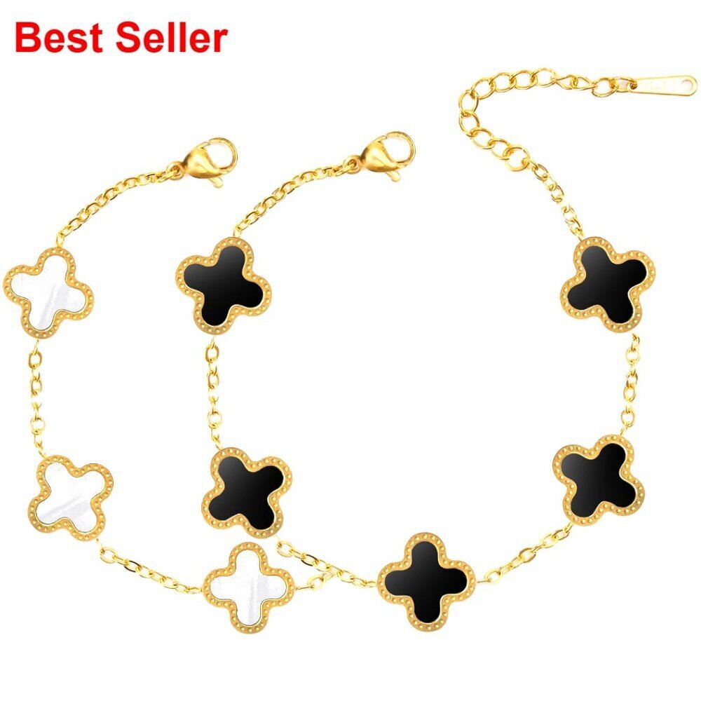 Stainless Steel Four Leaf Clover Link Bracelet with Lobster Clasp